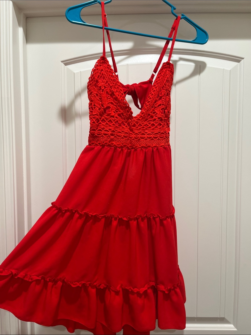 SHEIN Red Crochet Bodice Tiered Backless Sundress
